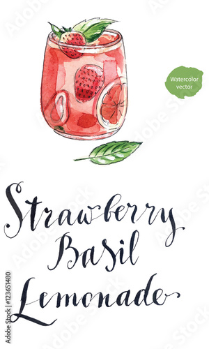 Delicious refreshing drink with fresh strawberry and basil on a
