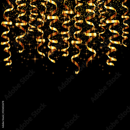 Vector golden serpentine with gold dust confetti on black background