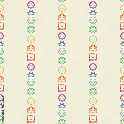 Seven chakras icons seamless pattern.Yoga,meditation,reiki,ayurv