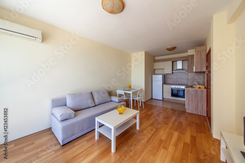 Modern living room with kitchen. Interior photography.