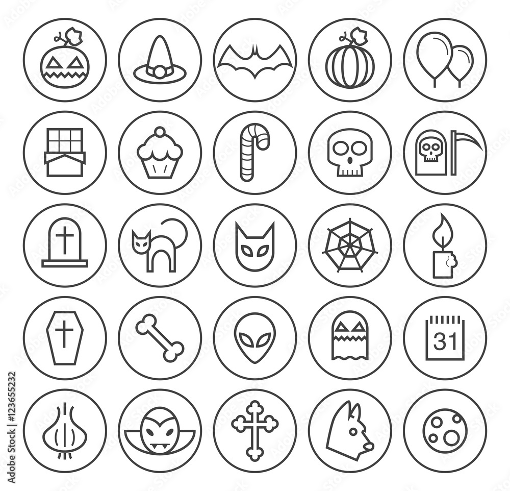 Set of Isolated High Quality Universal Standard Minimal Simple Black Thin Line Halloween Icons on Circular Buttons on White Background. Set of Isolated High Quality Universal Standard Minimal Simple Black Thin Line Halloween Icons on Circular Buttons on White Background.