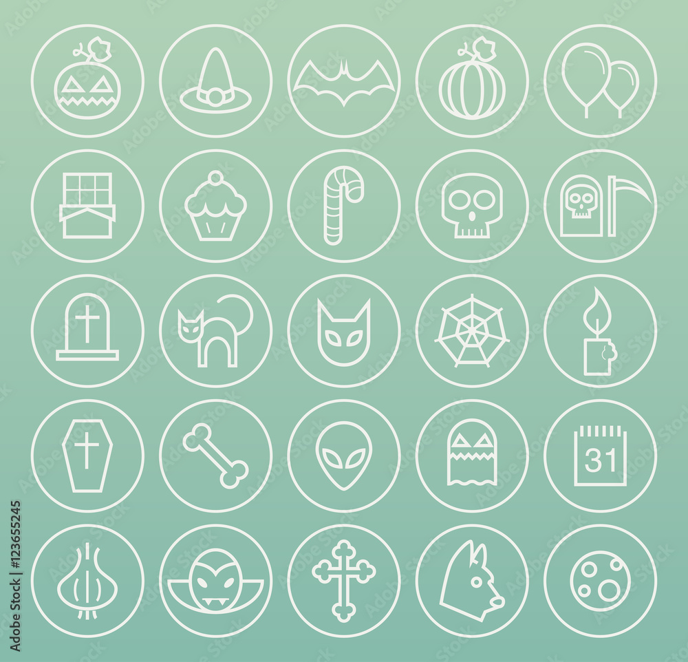 Set of Quality Universal Standard Minimal Simple Halloween White Thin Line Icons on Circular Buttons on Color Background. Set of Quality Universal Standard Minimal Simple Halloween White Thin Line Icons on Circular Buttons on Color Background.