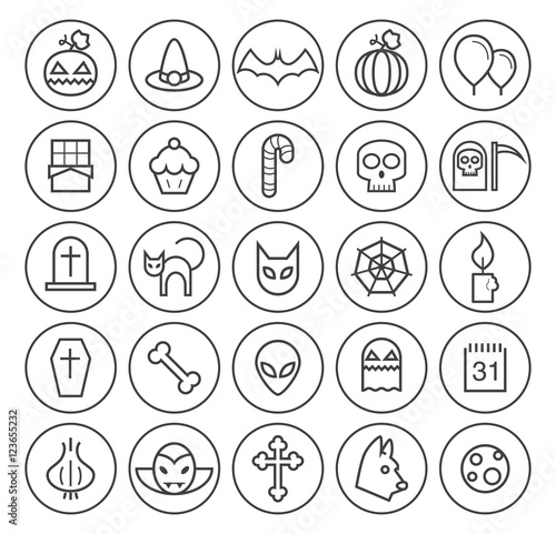 Set of Isolated High Quality Universal Standard Minimal Simple Black Thin Line Halloween Icons on Circular Buttons on White Background.