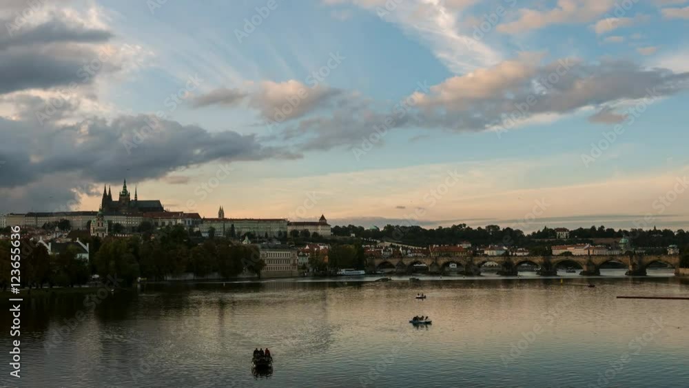 View of Prague Castle and the Charles Bridge at sunset - timelapse View of Prague Castle and the Charles Bridge at sunset - timelapse