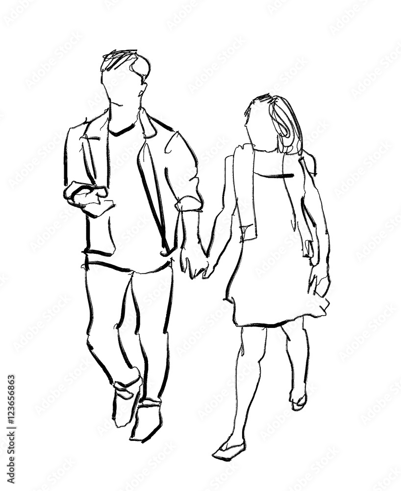Vector sketch couple walking hugging, holding hands at winter in warm  clothing, hat and boots. Adult man and woman lovers express care and love,  valentines day romantic characters Stock Vector | Adobe
