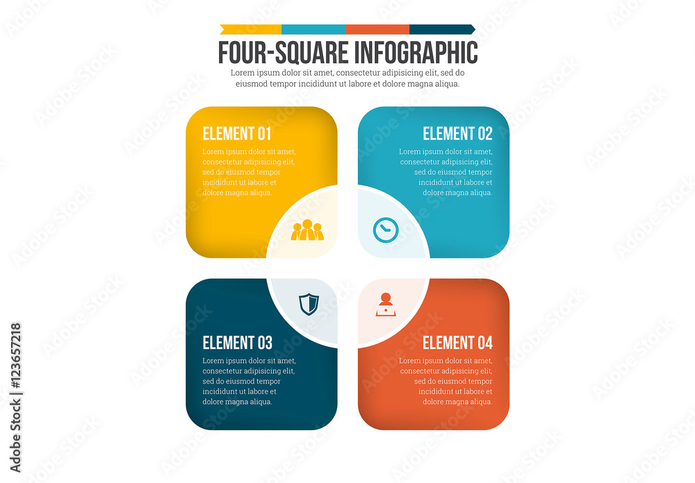 Editable Infographic Template Of Diagram With Four Square Blocks, Icons,  Titles And Sample Text, Multicolored Version Royalty Free SVG, Cliparts,  Vectors, and Stock Illustration. Image 52824068.