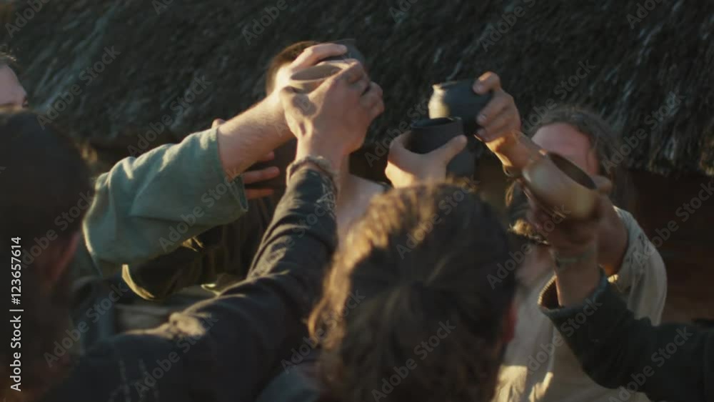 Dressed in Medieval Clothing Group of People Drinking, Dancing and Celebrating. Life of Civilian People at the Village. Medieval Reenactment. Shot on RED Cinema Camera in 4K (UHD).