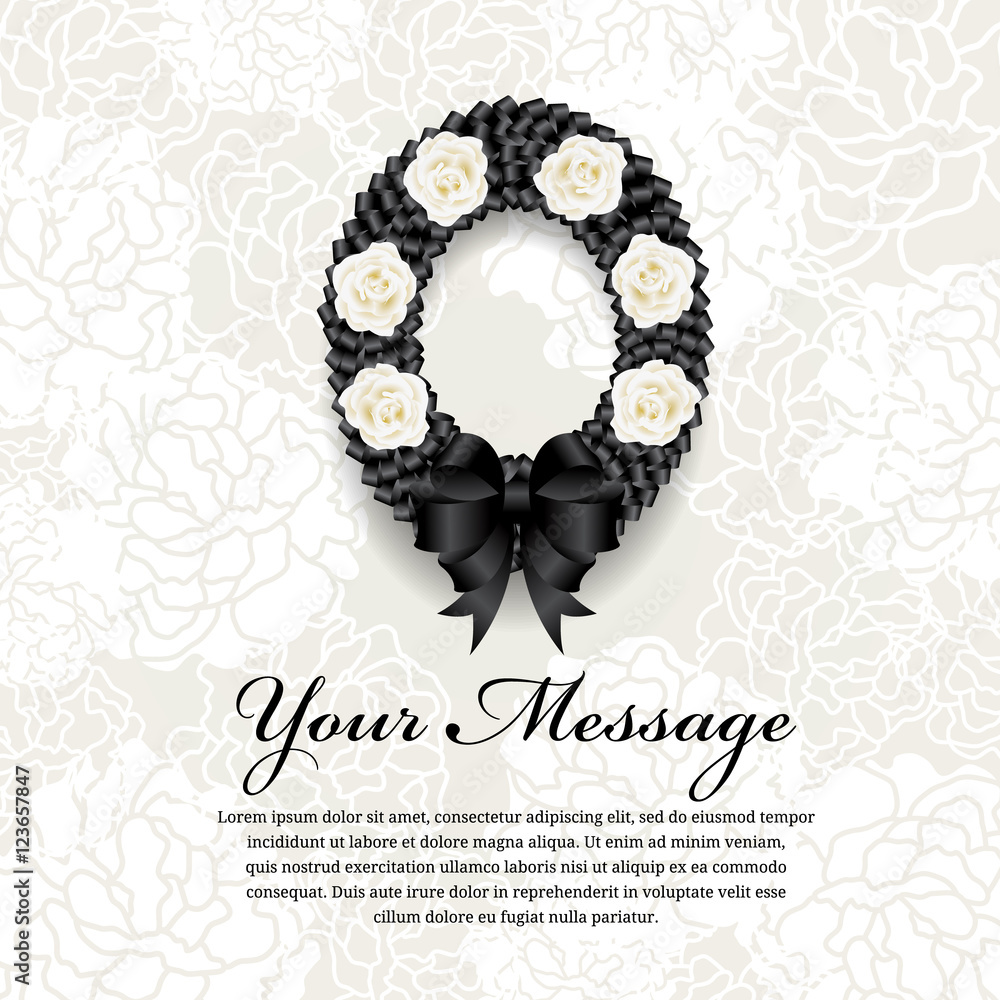 Funeral card Circle Black ribbon wreath bow and white rose on soft flower abstract background