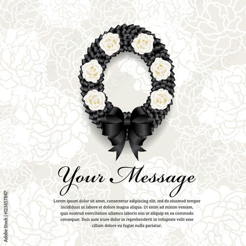 Funeral card - Circle Black ribbon wreath bow and white rose on soft flower abstract background