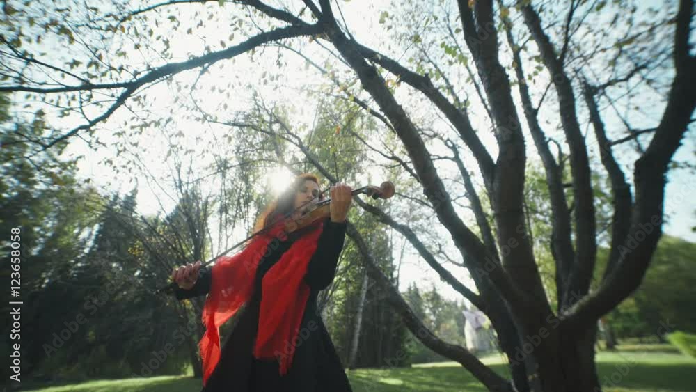 Inspiration. Violinist plays in autumn forest and inspired by nature. Sunny autumn forest. The leaves fall from the trees. Violin in nature. Classical music. Unusual performance of music. Inspiration. Violinist plays in autumn forest and inspired by nature. Sunny autumn forest. The leaves fall from the trees. Violin in nature. Classical music. Unusual performance of music.