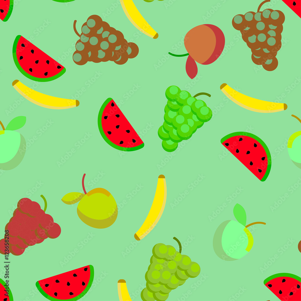 Fruits on green background. Seamless pattern for textile or wallpaper Fruits on green background. Seamless pattern for textile or wallpaper