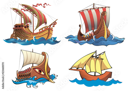 Four ships of different origin and ages, vector illustration