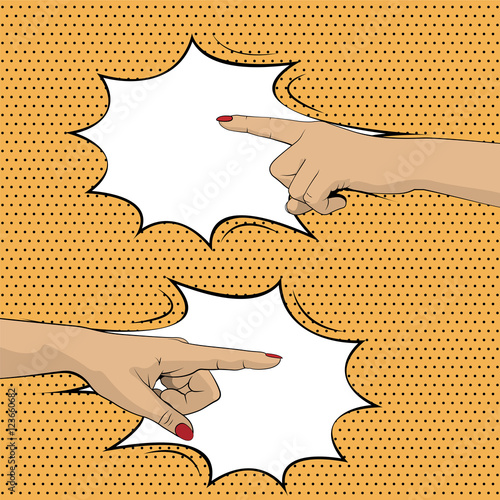 Woman's hands with pointing fingers in pop art style