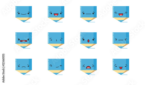 Set of vector kawaii color pencil emoticons. Isolated on white background.