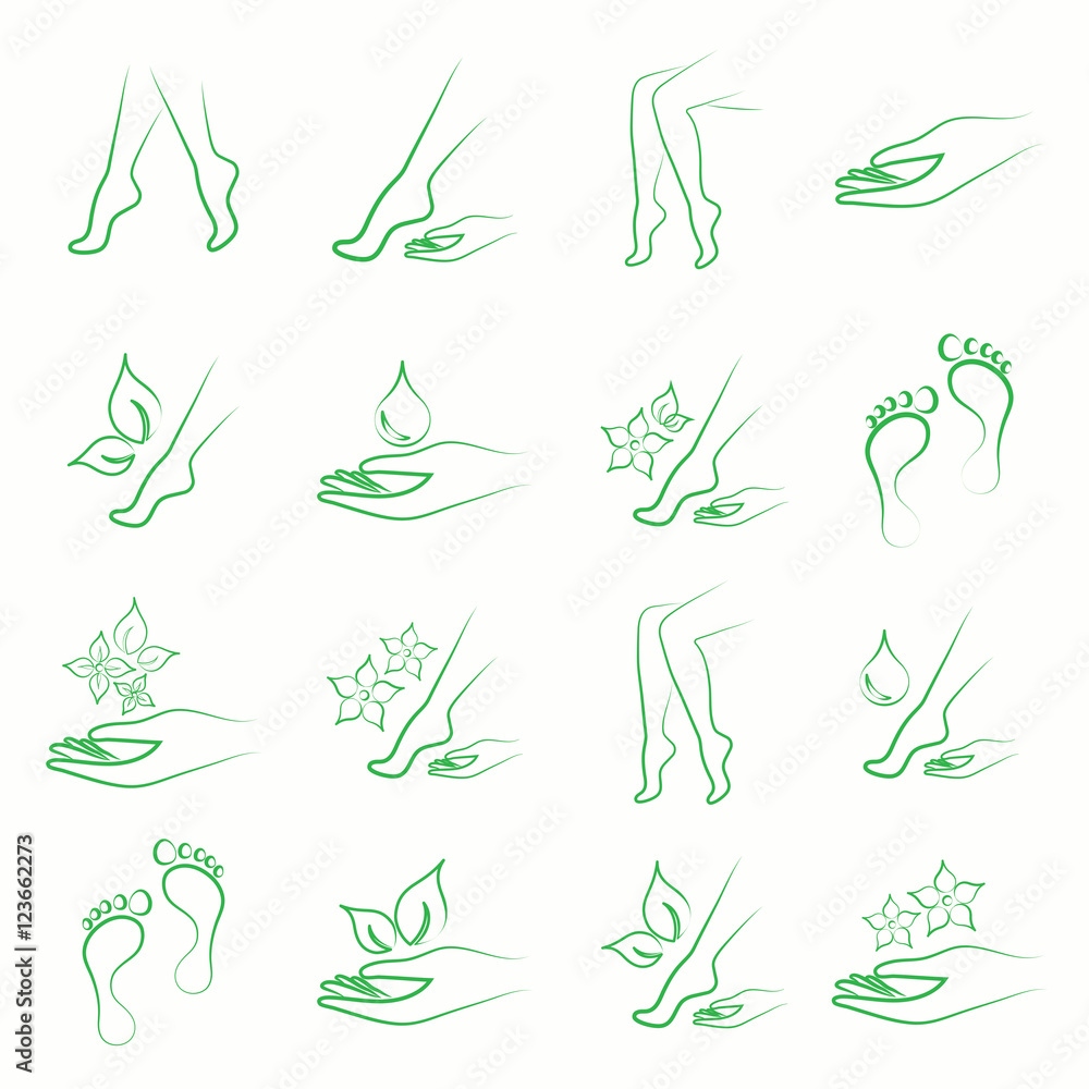 body skin spa beauty foot leg hand care beauty massage salon thin line green vector icons set 