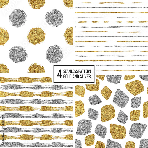 Set of seamless pattern of gold and silver stripes, polka dots, mosaic spots, texture golden and silvern lines, circle, point, stroke, hand drawn vector pattern for textile, wallpaper, web, wrapping
