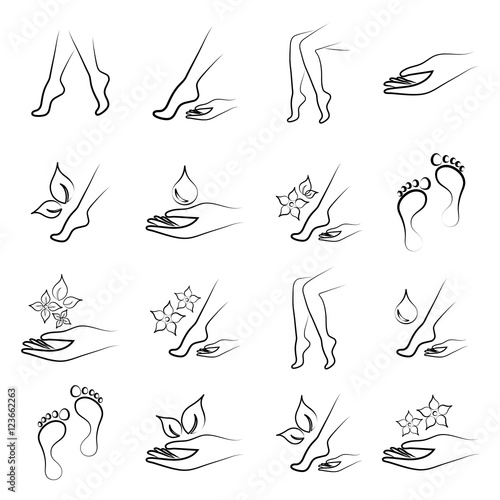 body skin spa beauty foot leg hand care beauty massage salon thin line black vector icons set 
