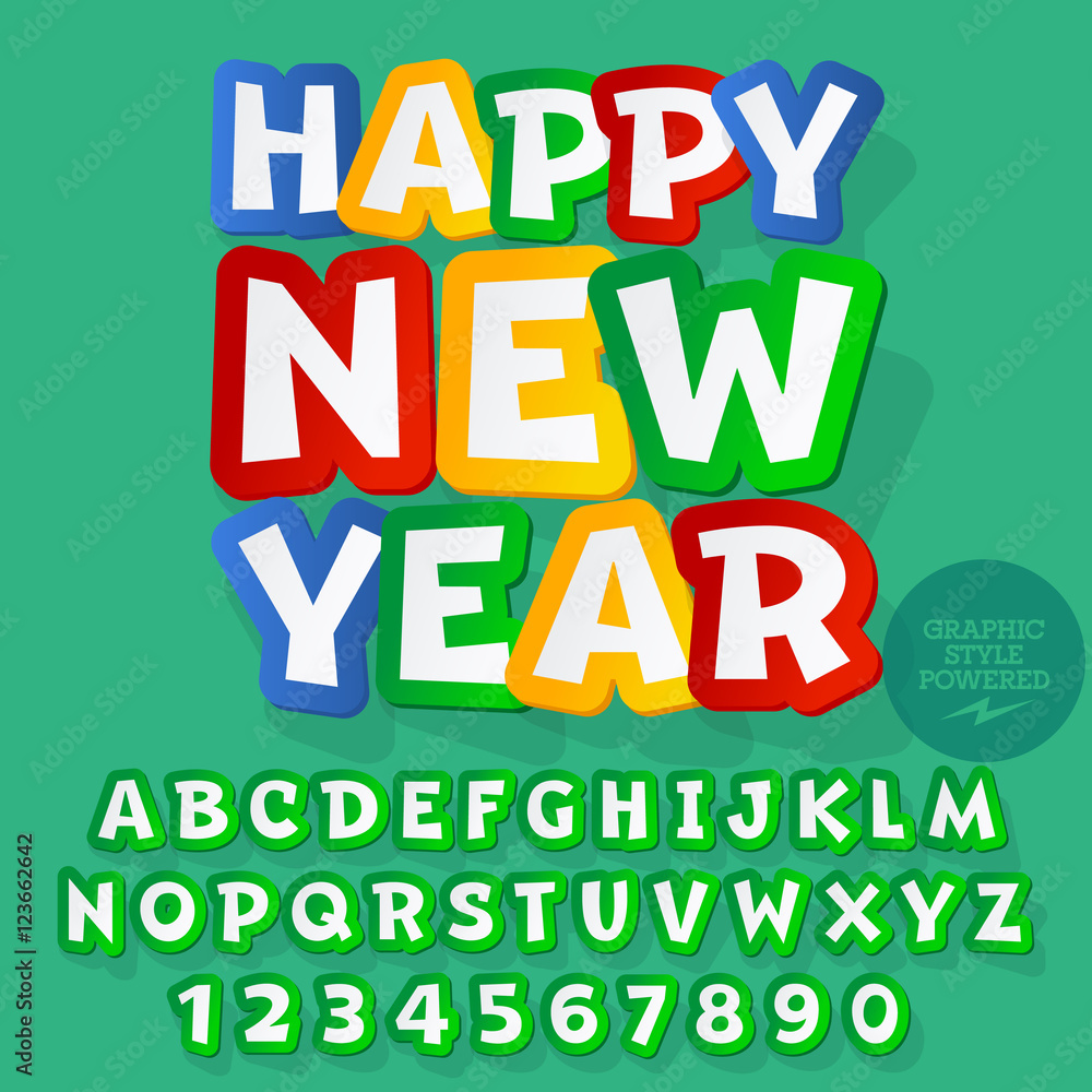 Vector sticker Happy New Year 2017 greeting card with set of letters, symbols and numbers. File contains graphic styles