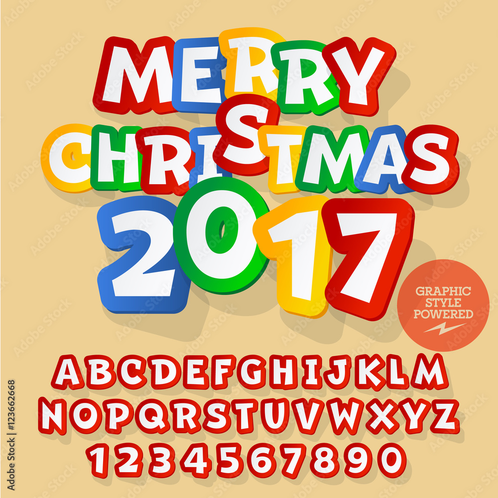 Vector sticker Merry Christmas 2017 greeting card with set of letters, symbols and numbers. File contains graphic styles Vector sticker Merry Christmas 2017 greeting card with set of letters, symbols and numbers. File contains graphic styles