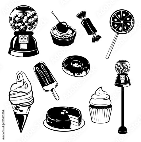 Ice cream Cone, Cupcake, Pie, Cake, Donut, candy, Lollipop, Machine Gum, Doodle. Sweet Set Of Elements. Isolated. On White Vector