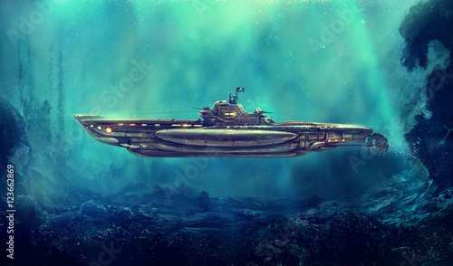 Fantastic pirate submarine in the underwater environment. Digital art, raster illustration. photo