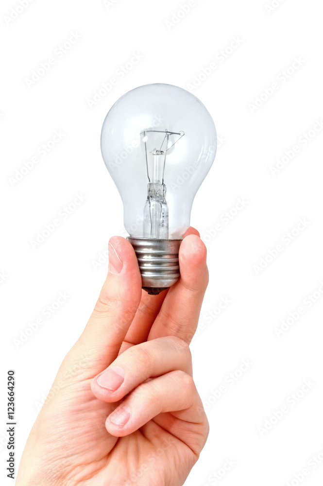 Arm holding light bulb. Isolated on white background
