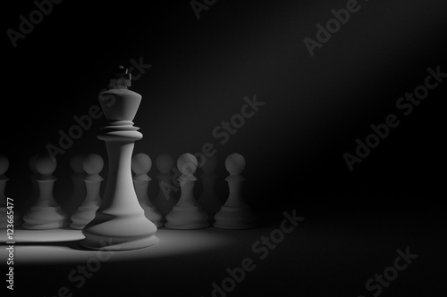 3D Rendering   illustration of chess pieces.the king chess at the center with wooden pawn chess in the back.light drop at the king.leader concept.success concept business leader concept