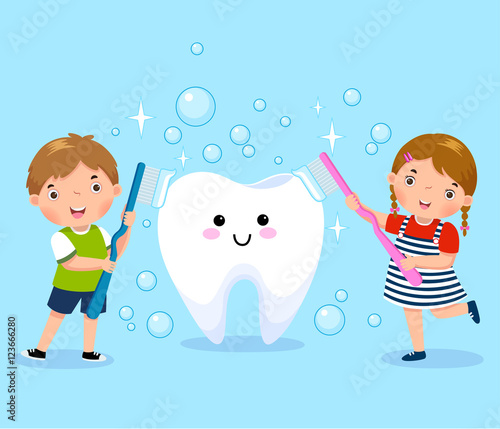Boy and girl brushing white tooth