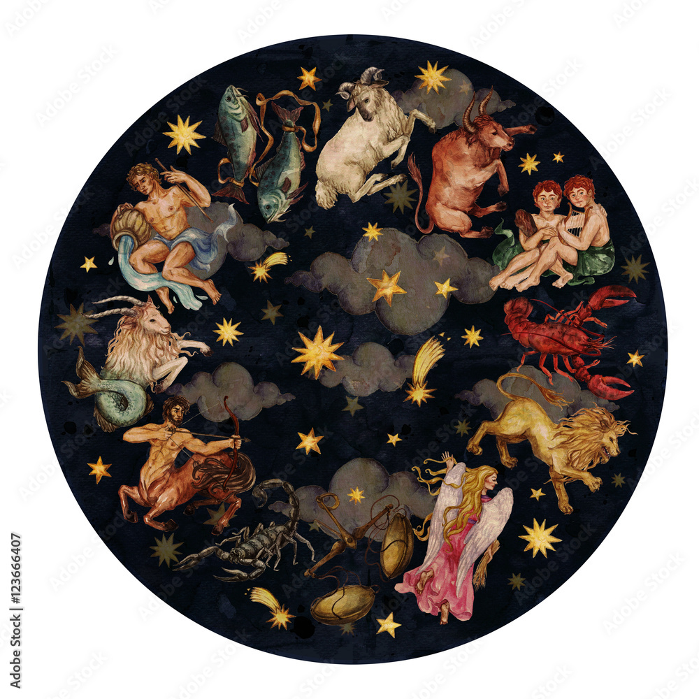 Zodiac circle - complete set of 12 signs.
Watercolor Illustration.  - obrazy, fototapety, plakaty 