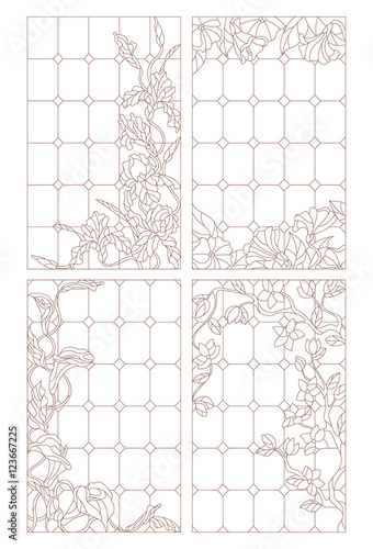 Set contour illustrations of stained glass Windows with flowers