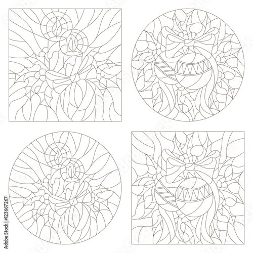 Set contour illustrations of the stained glass Windows on the theme of new year and Christmas with candles and Christmas decorations