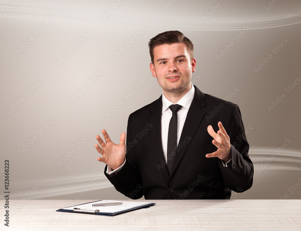 Televison host in live show with blank background