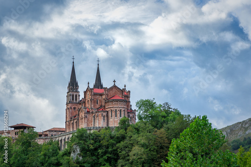 Basílica de Santa María la Real de Covadonga, Cangas de Onís, Asturias, Spain.It is a Neo-Romanesque Catholic church designed by Roberto Frassinelli and built by Federico Aparici y Soriano.