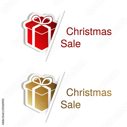 Vector red and golden Christmas gift with label for advertising text on the white background, stickers with shadow