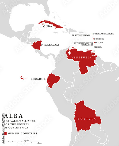 ALBA, member countries info map. Bolivarian Alliance for the Peoples of Our America, an intergovernmental organization and integration platform for the countries of Latin America and the Caribbean.