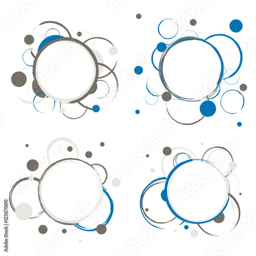 Set of badges with abstract circles. Design elements of one big circle in the center and some smaller rings around it. Template for discount promotions, infographics and web. Vector eps8 illustration.