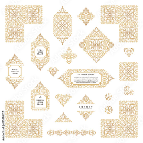 Arabic vector set of frames lines art design templates. Muslim gold outline elements and emblems