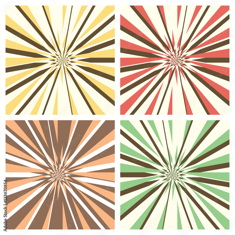 Set of abstract radial sunburst backgrounds. Retro style circular light rays scattered behind. Starburst pattern with radially placed beams. Vector eps8 illustration in different colors.