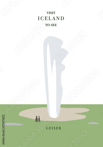 Iceland inviting postcard. Geiser vector, simple flat design.