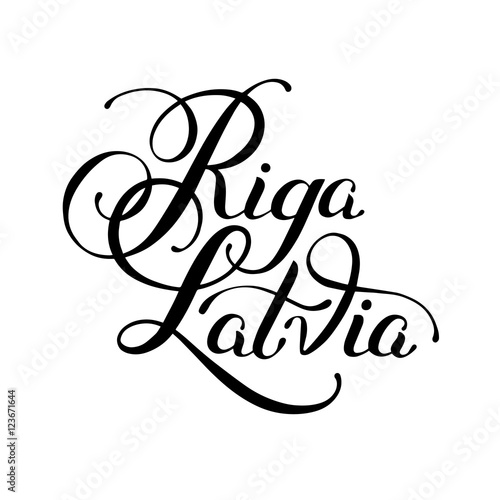 black ink hand lettering inscription Riga Latvia isolated on whi