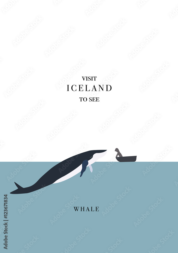 Obraz premium Iceland inviting postcard. Whale and a man in boat. Meeting vector, simple flat design.