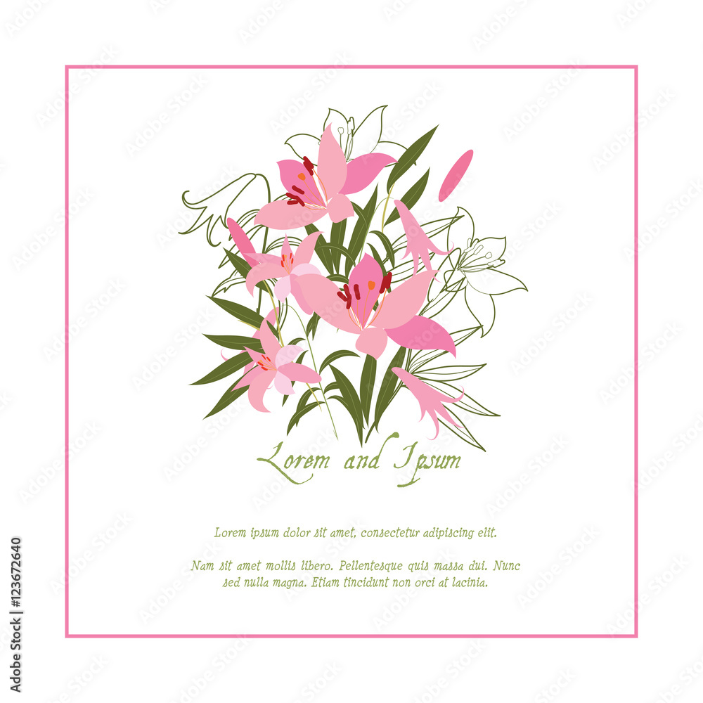 Illustration greeting hand-drawn lily floral background