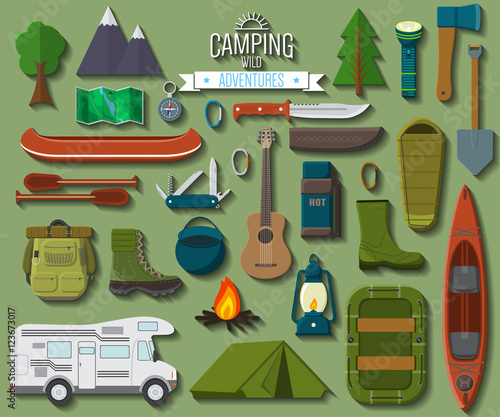 Flat design modern vector illustration of camping and hiking equipment set. Travel and vacation items, car rubber boat and shoes, tent, knife and axe, backpack and hiking shoes, campfire and guitar