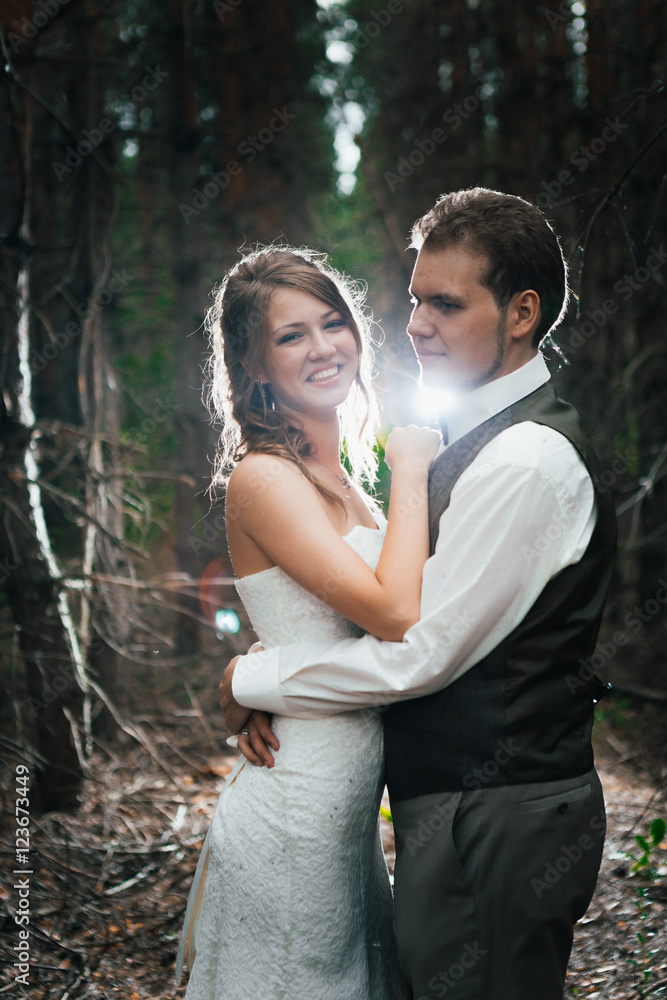 dramatic picture bride and groom on the background of leaves forest backlight