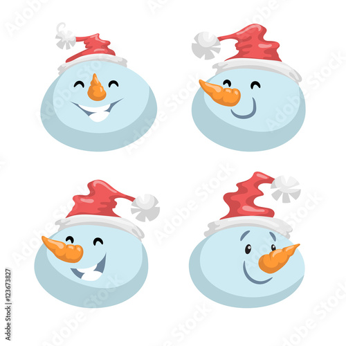 Cute snowmen in hat head emotion vector avatars set. Cartoon  expression isolated face character. Simple gradient mascot heads.