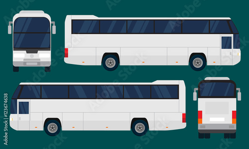 Vector city bus, four views, top, side, back, front. Tourist bus. Flat illustration icons. Isolated on background