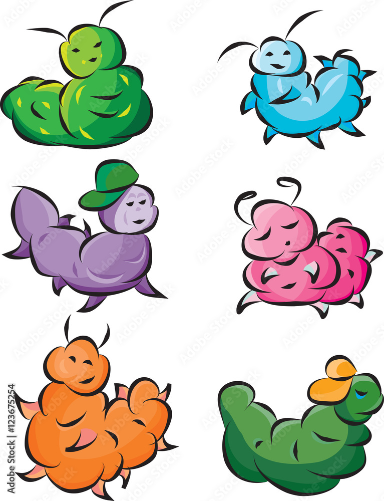 Obraz premium Comic Cartoon Caterpillars and Grubs Collection