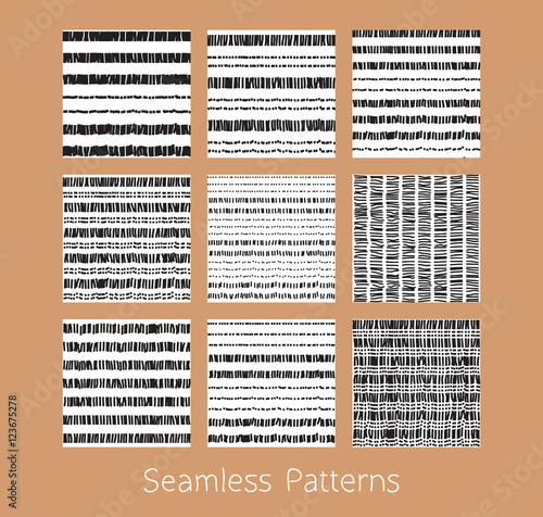 Set of dotted and dashed seamless patterns. Stylized burlap and matting abstract repeating textures in black and white colors. Vector eps8 illustration.