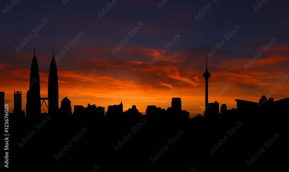 Naklejka premium Kuala Lumpur skyline with sunset illustration