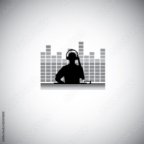 DJ with console and equalizer background